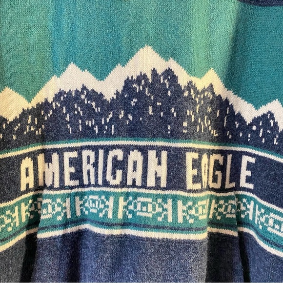 American Eagle Pullover Hoodie Mens XXL Knit Sweater Fair Isle Spellout Blue - Picture 2 of 8